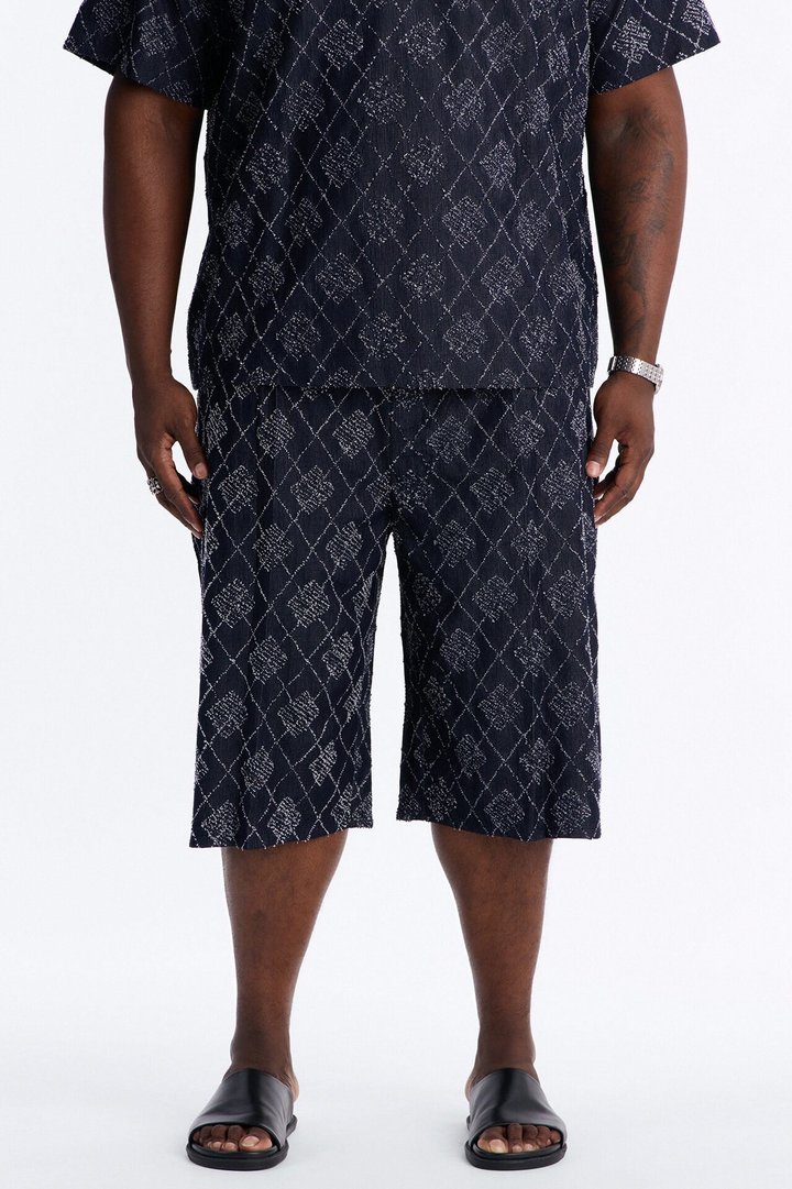 Baggy Diamond Frayed Jacquard Long Short - Navy