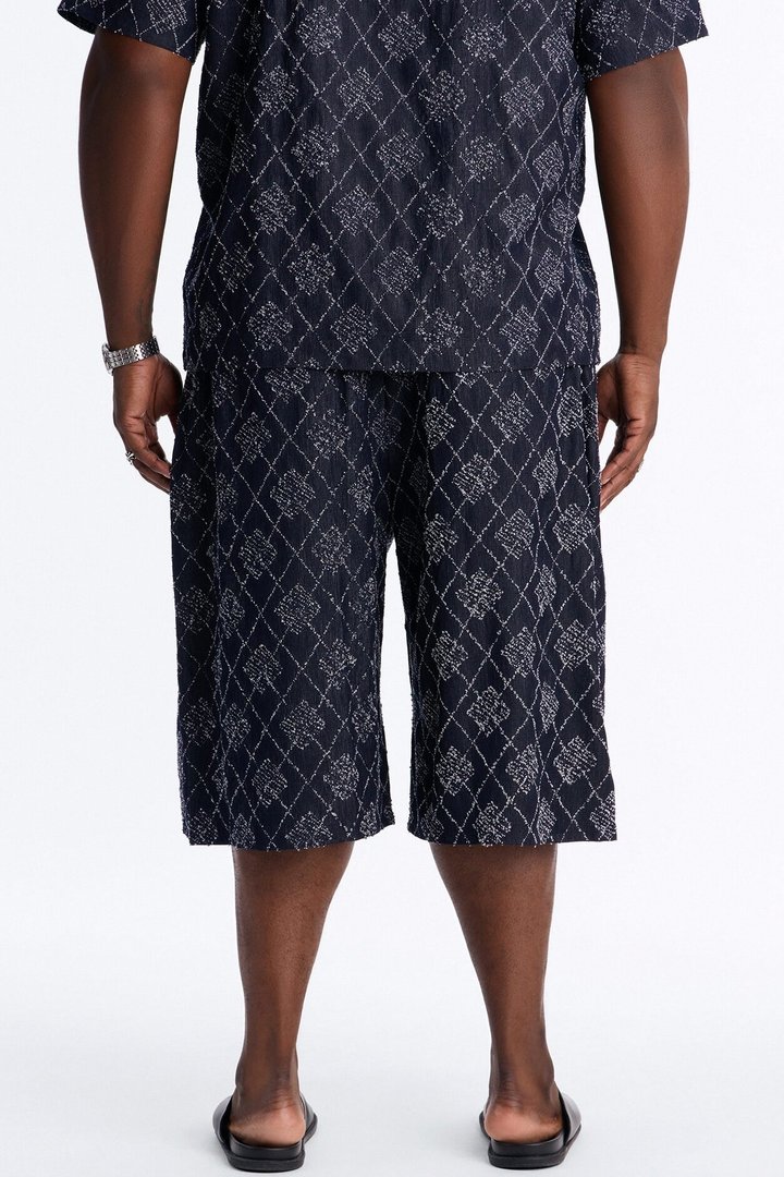 Baggy Diamond Frayed Jacquard Long Short - Navy