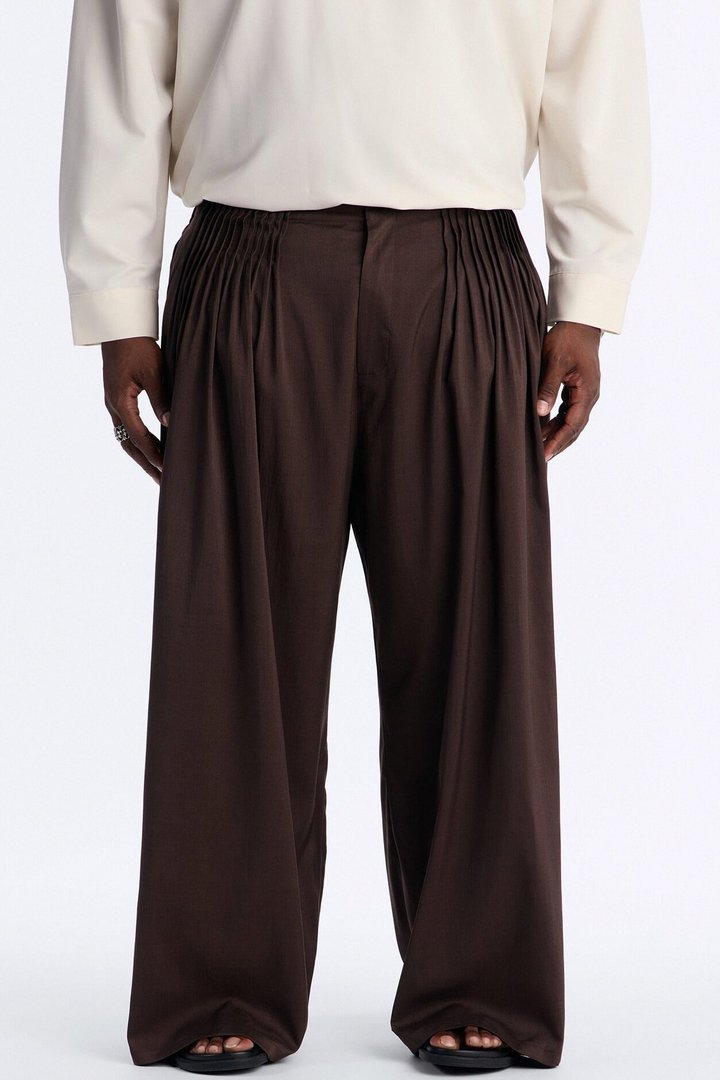 Baggy Tuxedo Pleated Trouser - Dark Brown