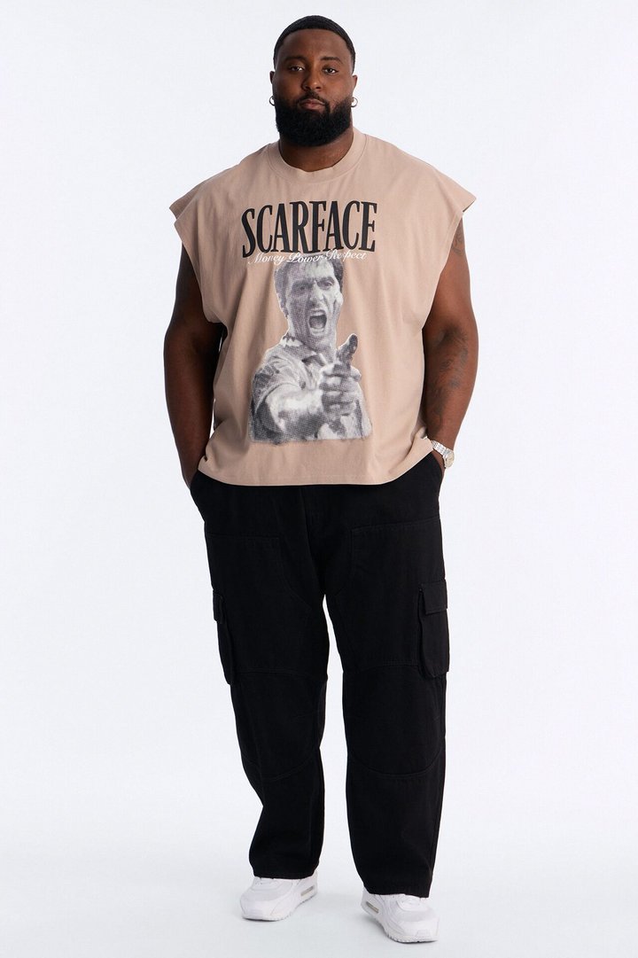 Heavy Weight Scarface Money Power Respect Muscle Tee - Taupe