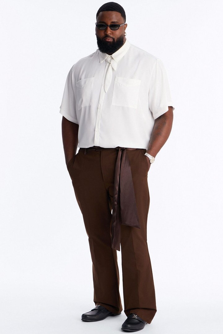 Satin Wrapped Waistband Straight Flare Trouser - Brown