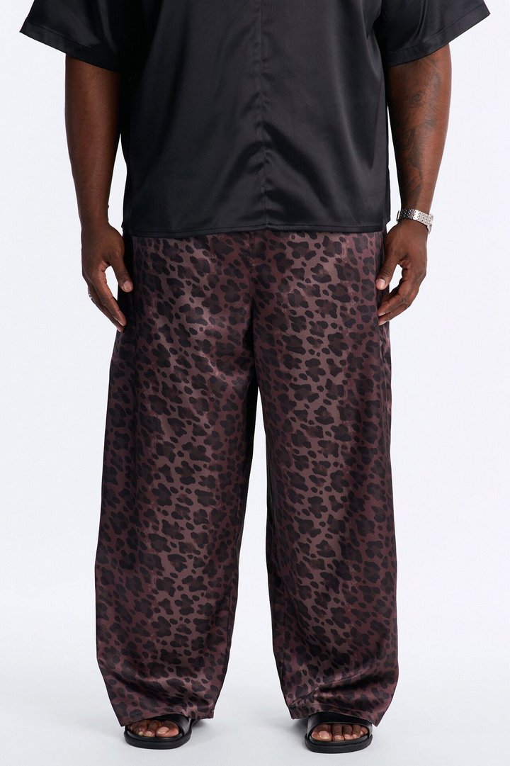 Wide Leg Urban Leopard Satin Pant - Brown