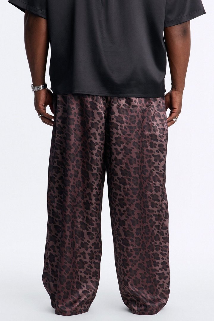 Wide Leg Urban Leopard Satin Pant - Brown