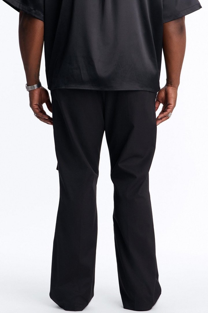 Satin Wrapped Waistband Straight Flare Trouser - Black