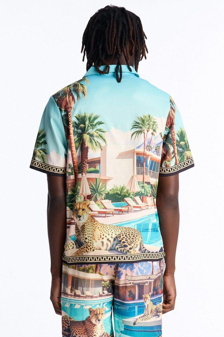 Relaxed Wild Prowl Photoreal Cuban Collar Button Up Shirt - Multi Color