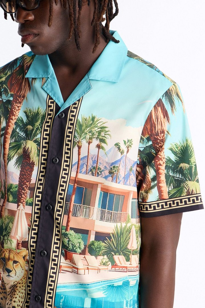 Relaxed Wild Prowl Photoreal Cuban Collar Button Up Shirt - Multi Color