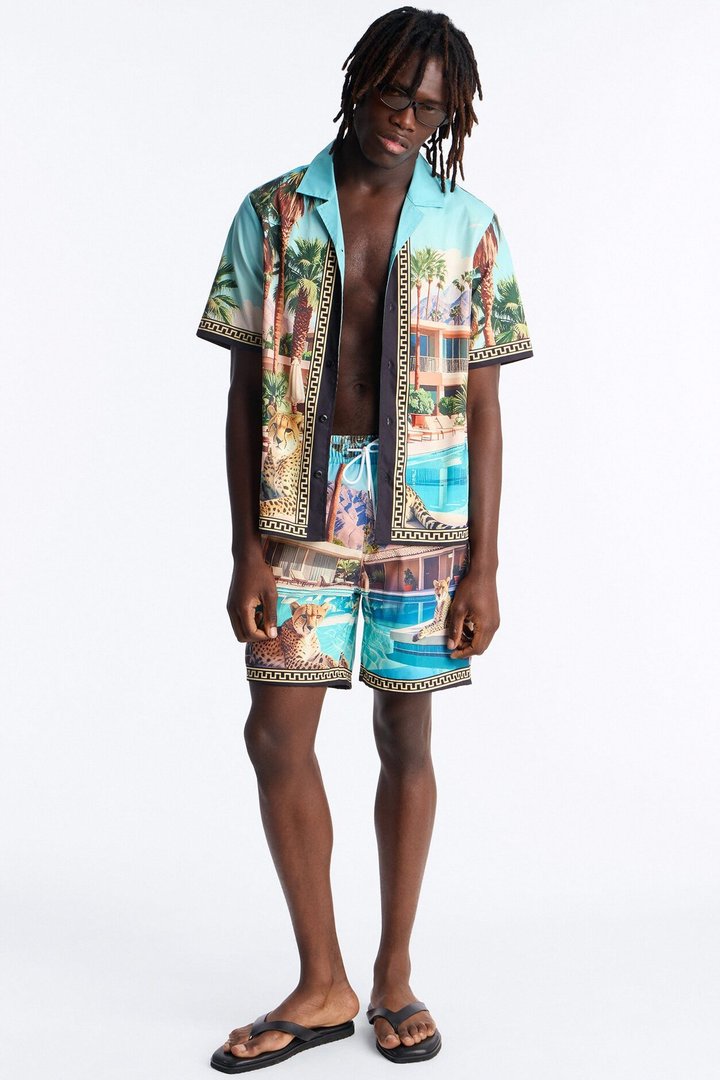 Relaxed Wild Prowl Photoreal Cuban Collar Button Up Shirt - Multi Color