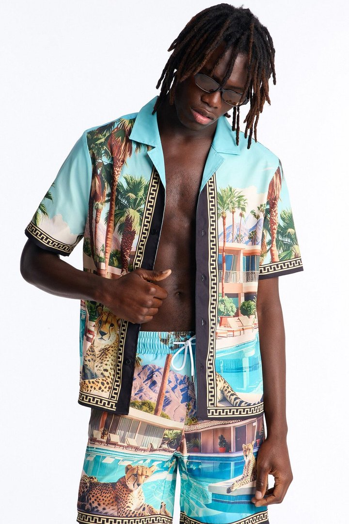 Relaxed Wild Prowl Photoreal Cuban Collar Button Up Shirt - Multi Color