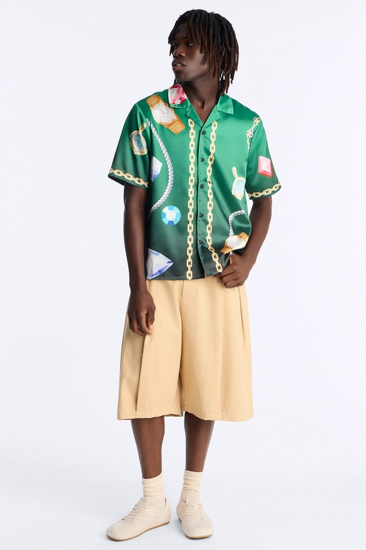 Relaxed Imperial Luxe Jewel Printed Cuban Collar Button Up Shirt - Green/combo