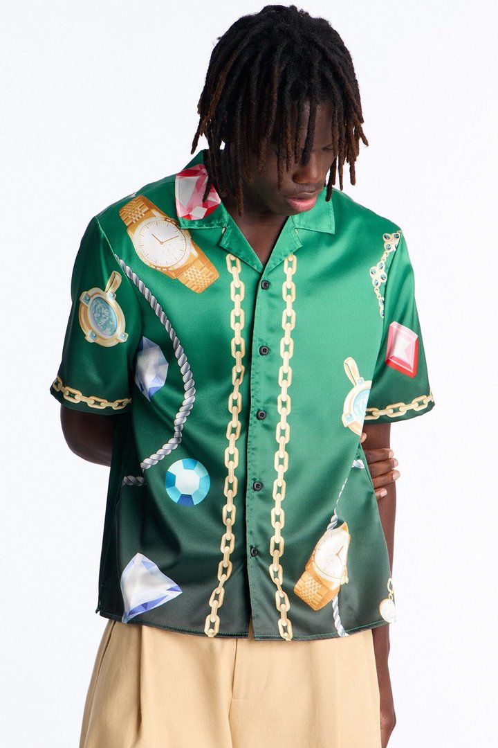 Relaxed Imperial Luxe Jewel Printed Cuban Collar Button Up Shirt - Green/combo
