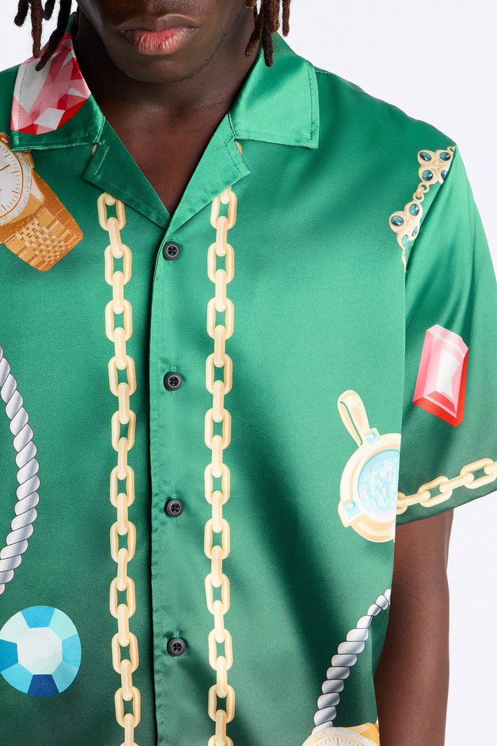 Relaxed Imperial Luxe Jewel Printed Cuban Collar Button Up Shirt - Green/combo
