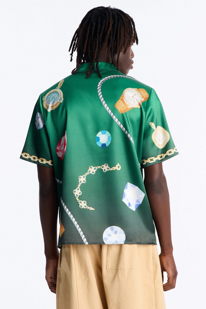 Relaxed Imperial Luxe Jewel Printed Cuban Collar Button Up Shirt - Green/combo