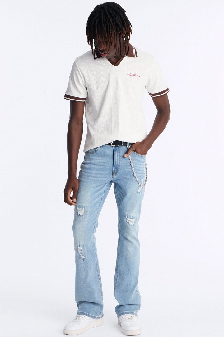 Stacked Skinny Flare Threaded Destroyed Jeans - Light Blue Wash