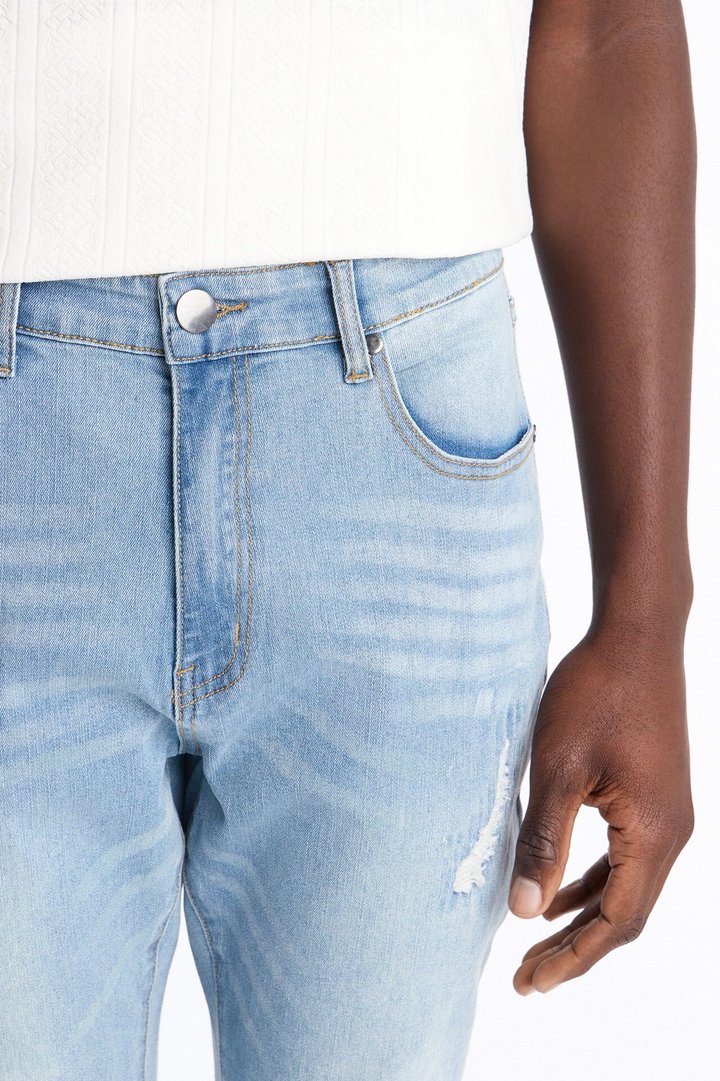 Stacked Skinny Flare Threaded Destroyed Jeans - Light Blue Wash