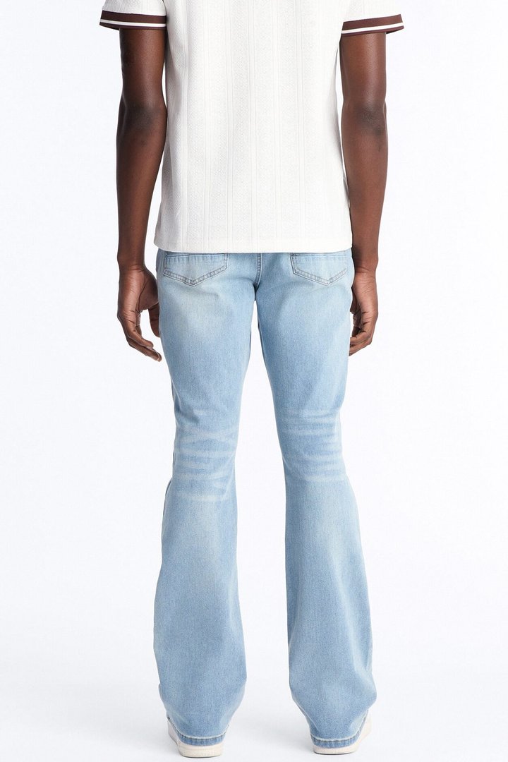 Stacked Skinny Flare Threaded Destroyed Jeans - Light Blue Wash
