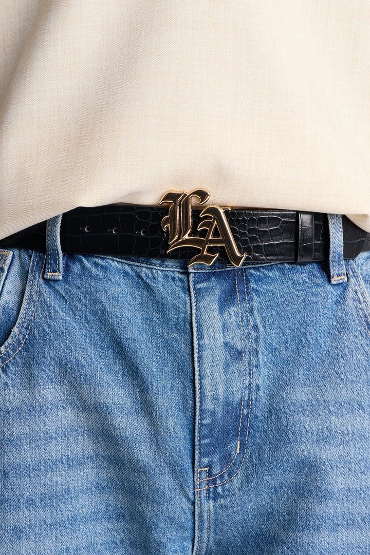 LA Embossed Faux Leather Belt - Black/Gold