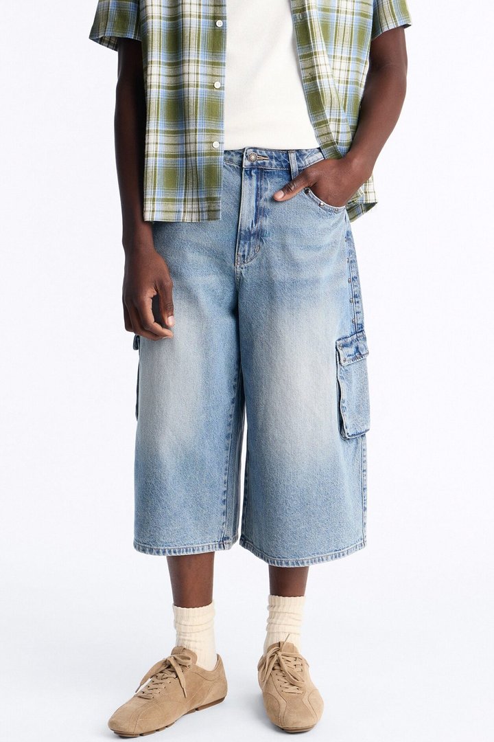 Super Baggy Studded Cargo Denim Short - Medium Blue Wash