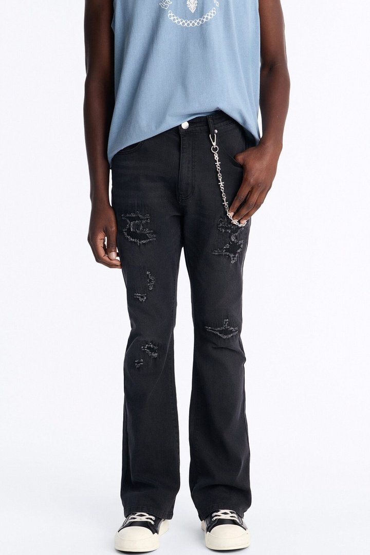 Stacked Skinny Flare Etched Distress Jeans - Black Wash