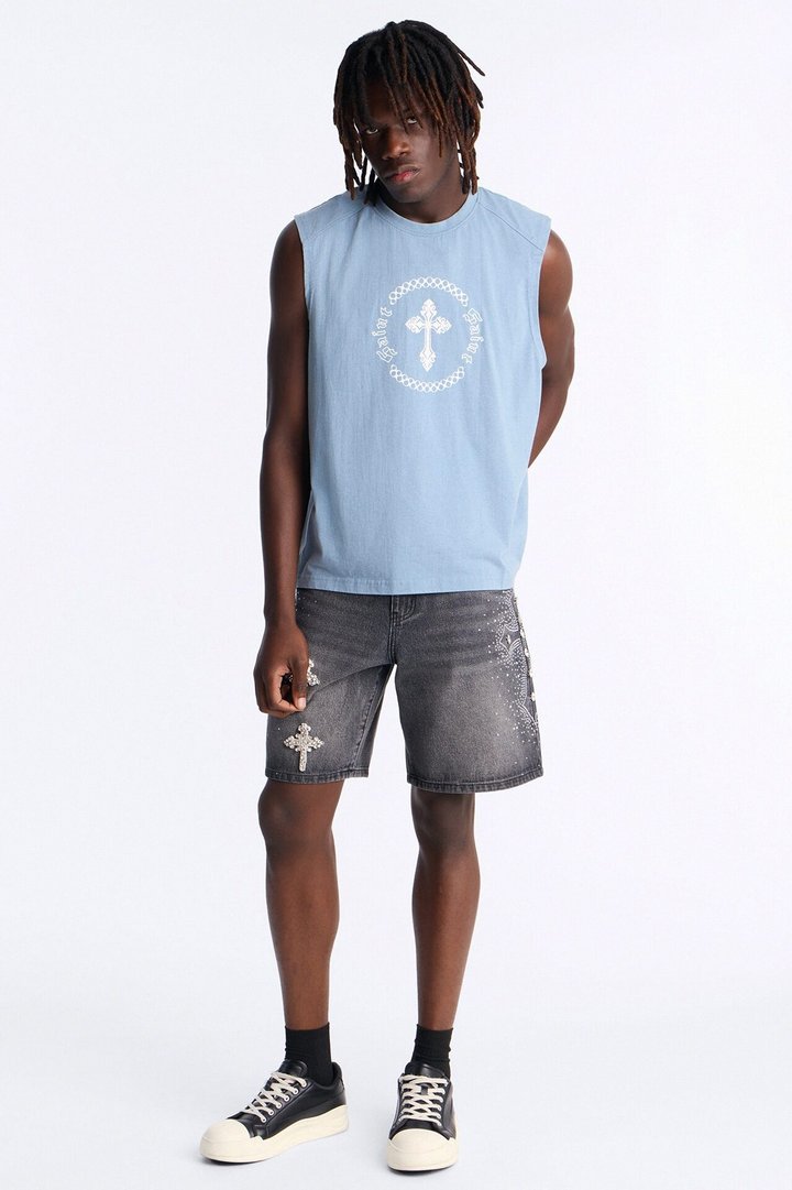 Relaxed Divine Jeweled Cross Denim Short - Black Wash