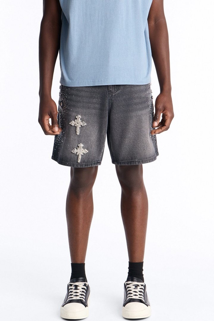 Relaxed Divine Jeweled Cross Denim Short - Black Wash