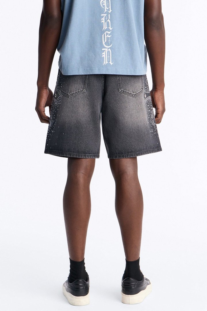 Relaxed Divine Jeweled Cross Denim Short - Black Wash