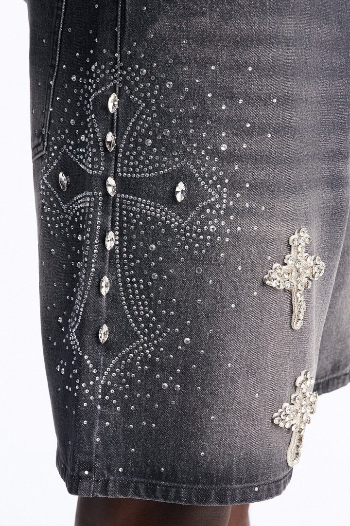 Relaxed Divine Jeweled Cross Denim Short - Black Wash