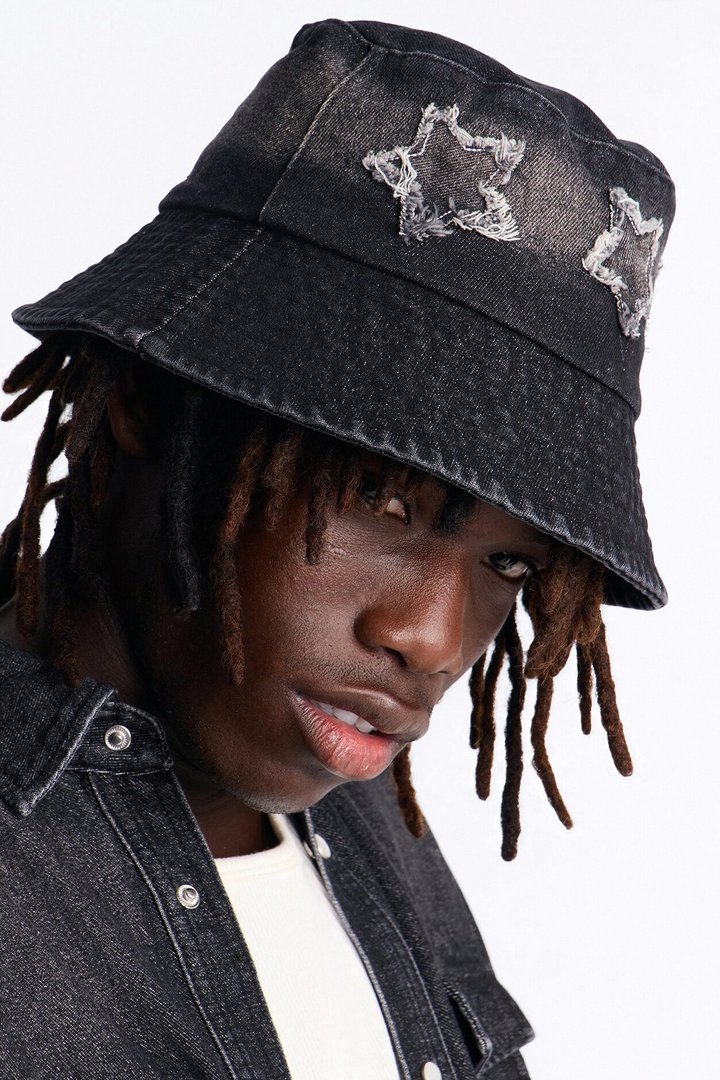 Cosmo Distress Denim Bucket Hat - Black Wash