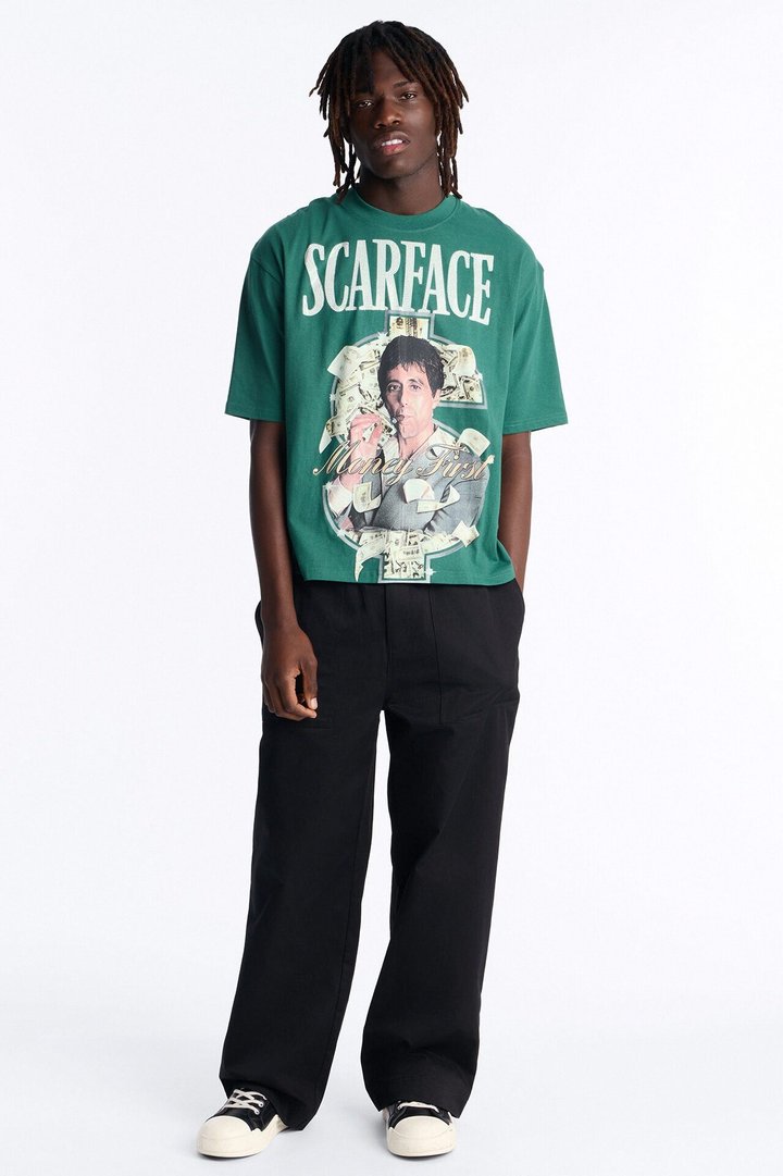 Heavy Weight Scarface Money First Rhinestones Oversized Short Sleeve Tee - Hunter Green