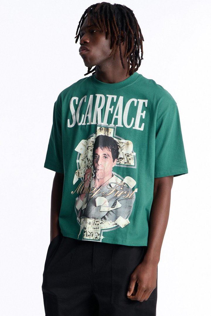 Heavy Weight Scarface Money First Rhinestones Oversized Short Sleeve Tee - Hunter Green