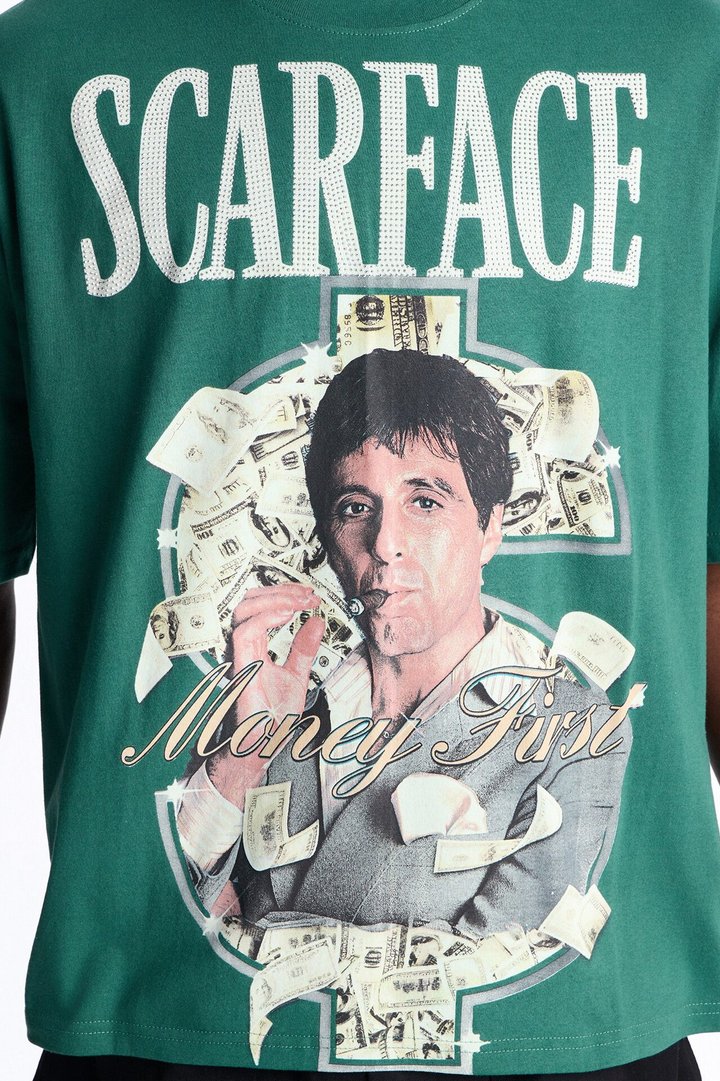 Heavy Weight Scarface Money First Rhinestones Oversized Short Sleeve Tee - Hunter Green