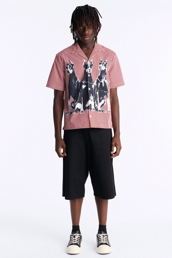 Doberman Seersucker Stripe Cuban Collar Button Up Shirt - Red/combo