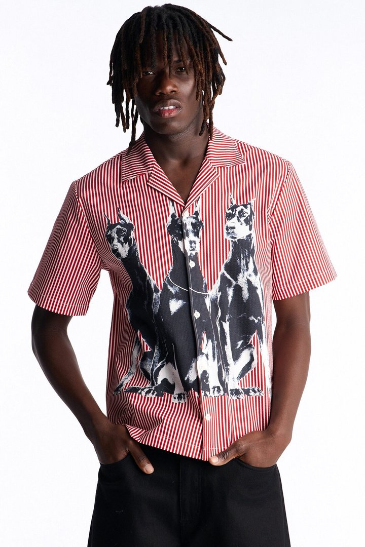 Doberman Seersucker Stripe Cuban Collar Button Up Shirt - Red/combo
