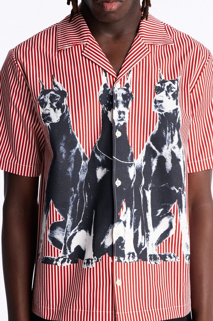 Doberman Seersucker Stripe Cuban Collar Button Up Shirt - Red/combo
