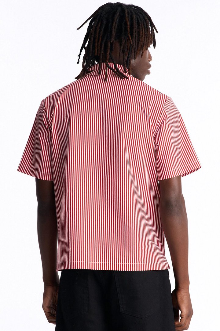 Doberman Seersucker Stripe Cuban Collar Button Up Shirt - Red/combo