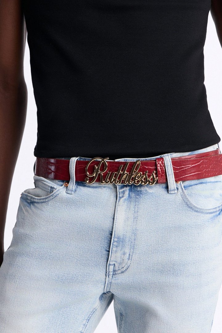 Ruthless Embossed Script Buckle Belt - Gold/Red