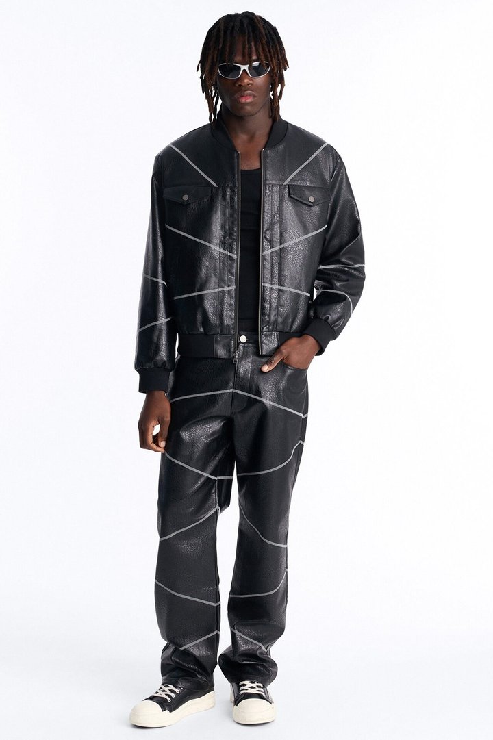 Vintage Chainstitch Faux Leather Bomber Jacket - Black