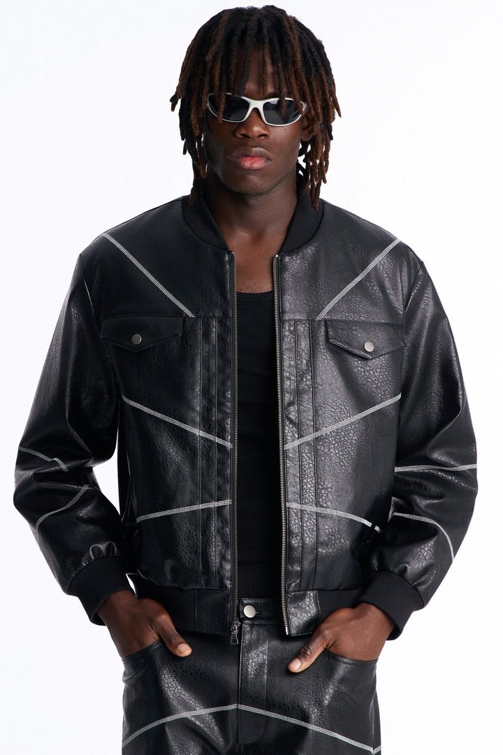 Vintage Chainstitch Faux Leather Bomber Jacket - Black