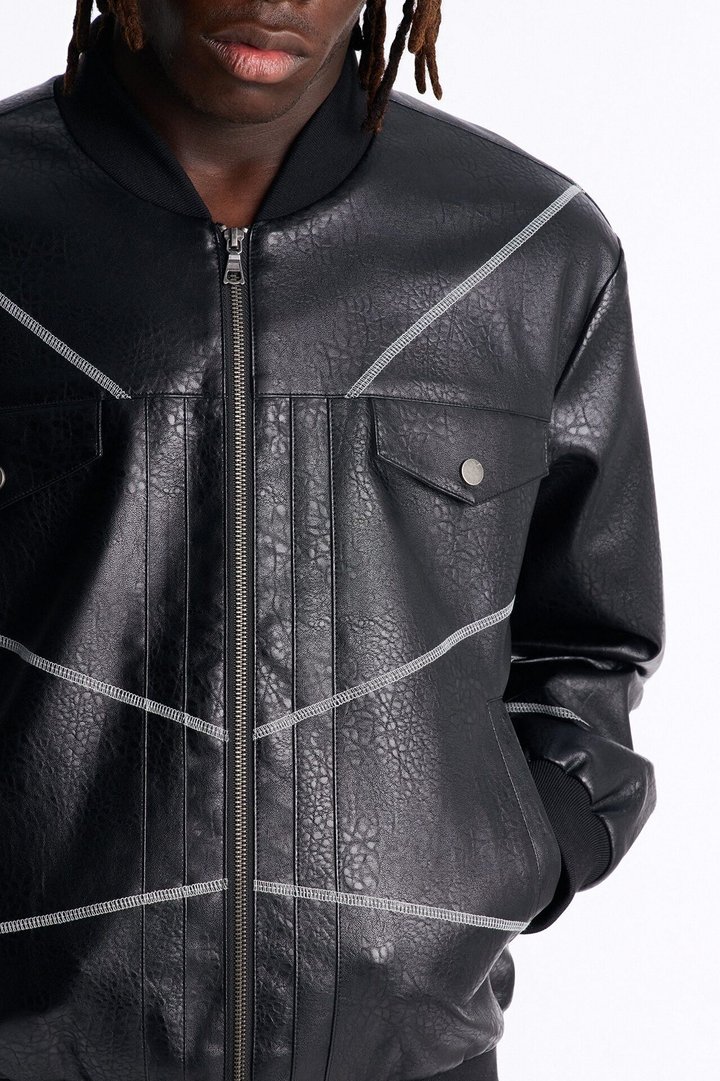 Vintage Chainstitch Faux Leather Bomber Jacket - Black