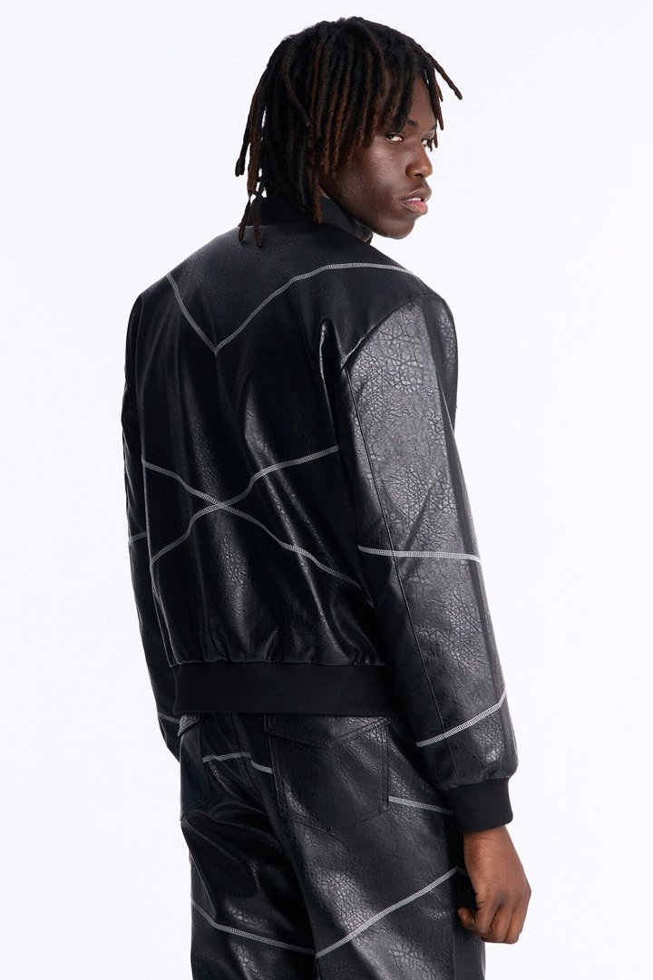 Vintage Chainstitch Faux Leather Bomber Jacket - Black