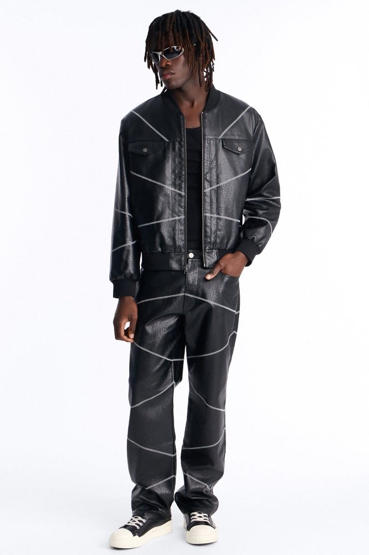 Straight Vintage Chain Stitch Faux Leather Pant - Black
