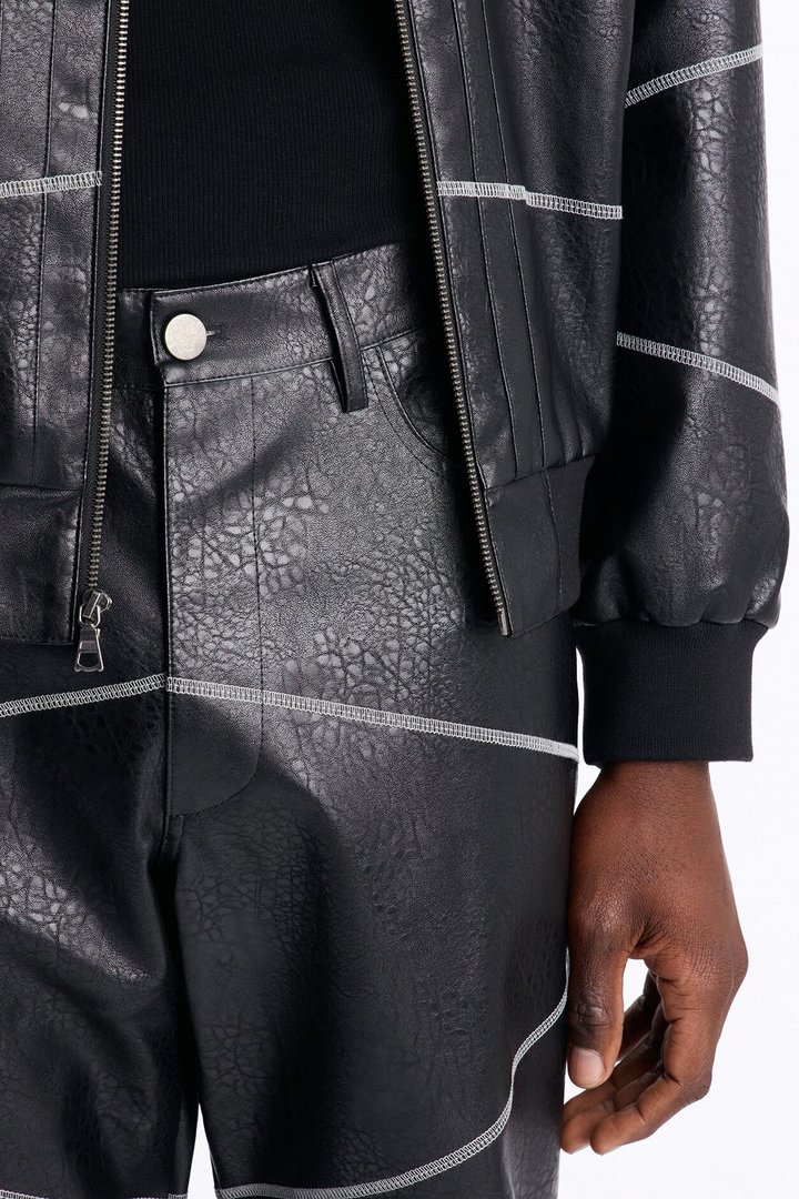 Straight Vintage Chain Stitch Faux Leather Pant - Black
