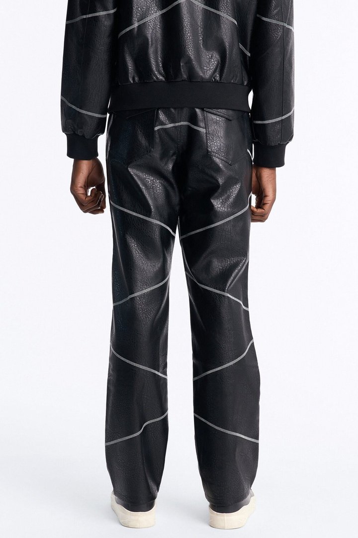 Straight Vintage Chain Stitch Faux Leather Pant - Black