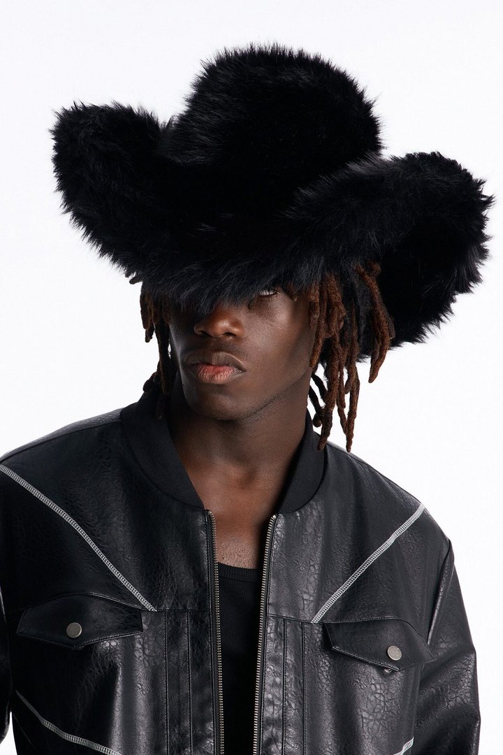 Faux Fur Cowboy Hat - Black