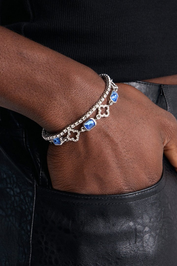 Clover Iced Gemstone Bracelet Set - Silver