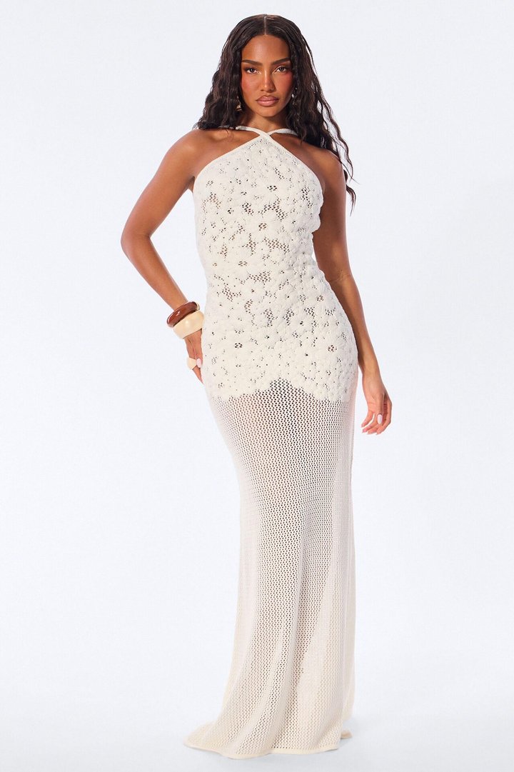 Sandy Crochet Backless Maxi Dress - White