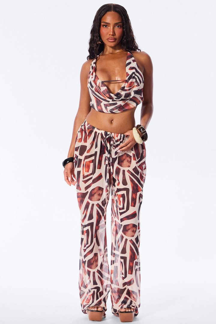 Golden Chiffon Abstract Pant Set - Brown Combo