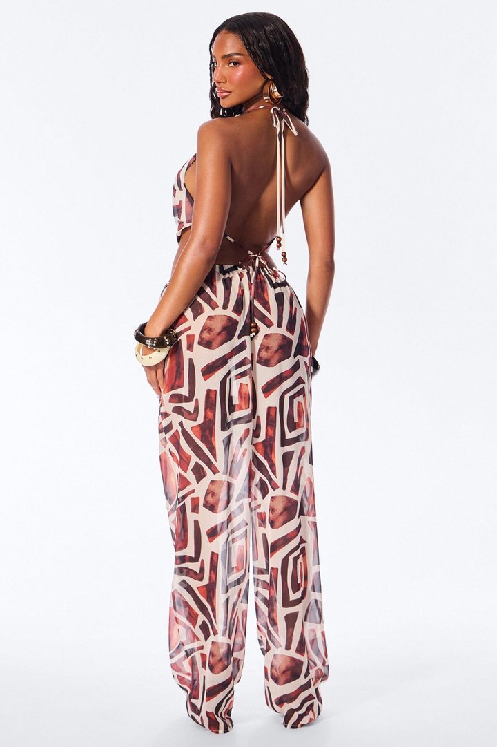 Golden Chiffon Abstract Pant Set - Brown Combo