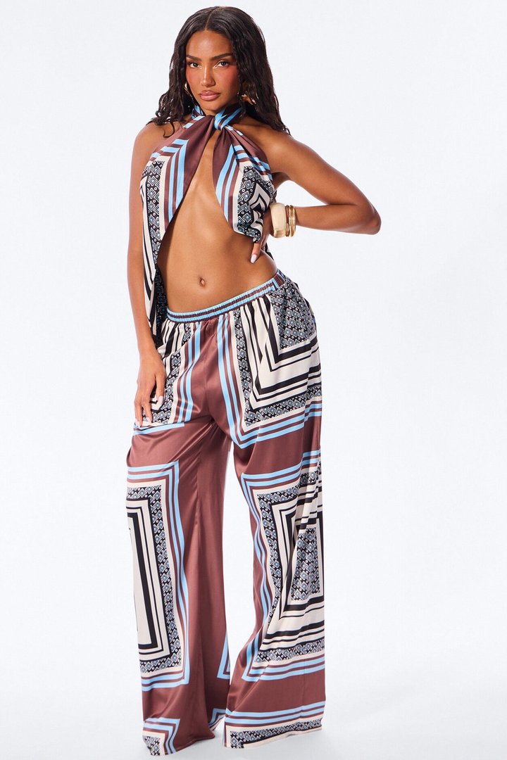 Nova Satin Abstract Pant Set - Blue/combo