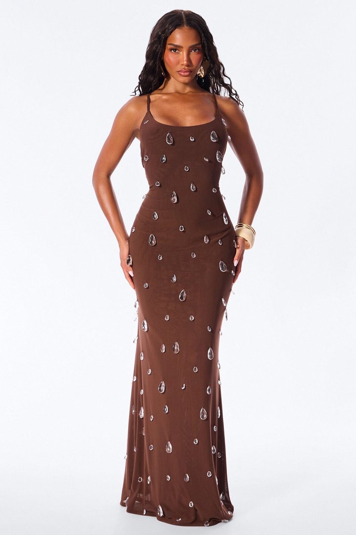 Spotlight Raindrop Bead Mesh Maxi Dress - Chocolate