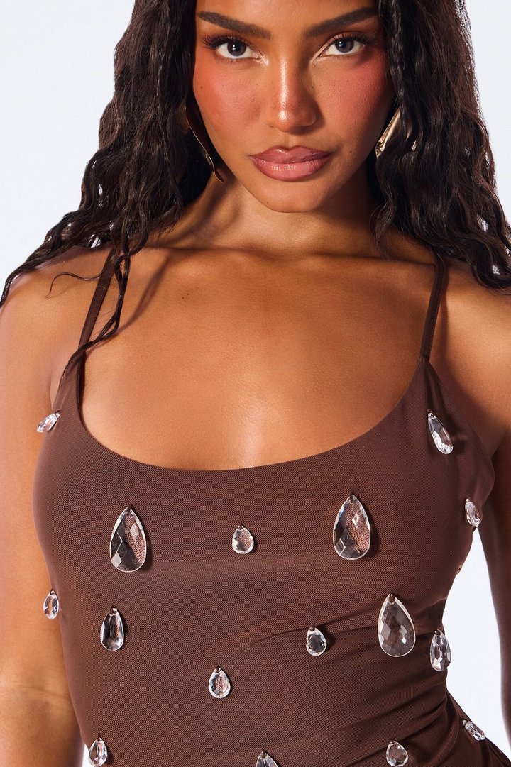 Spotlight Raindrop Bead Mesh Maxi Dress - Chocolate